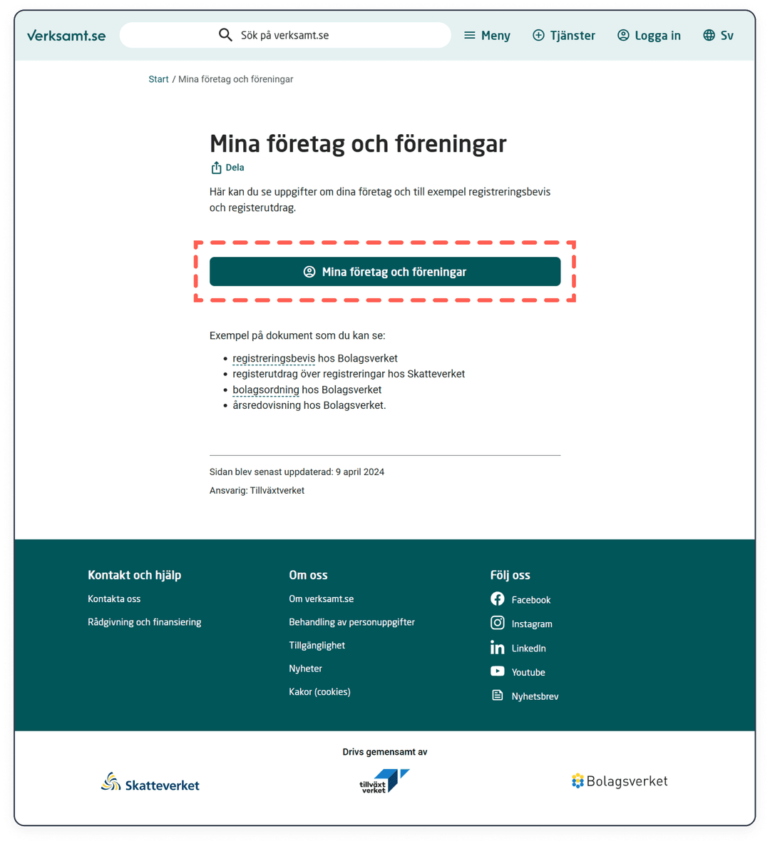 Tryck på "Mina företag och föreningar"