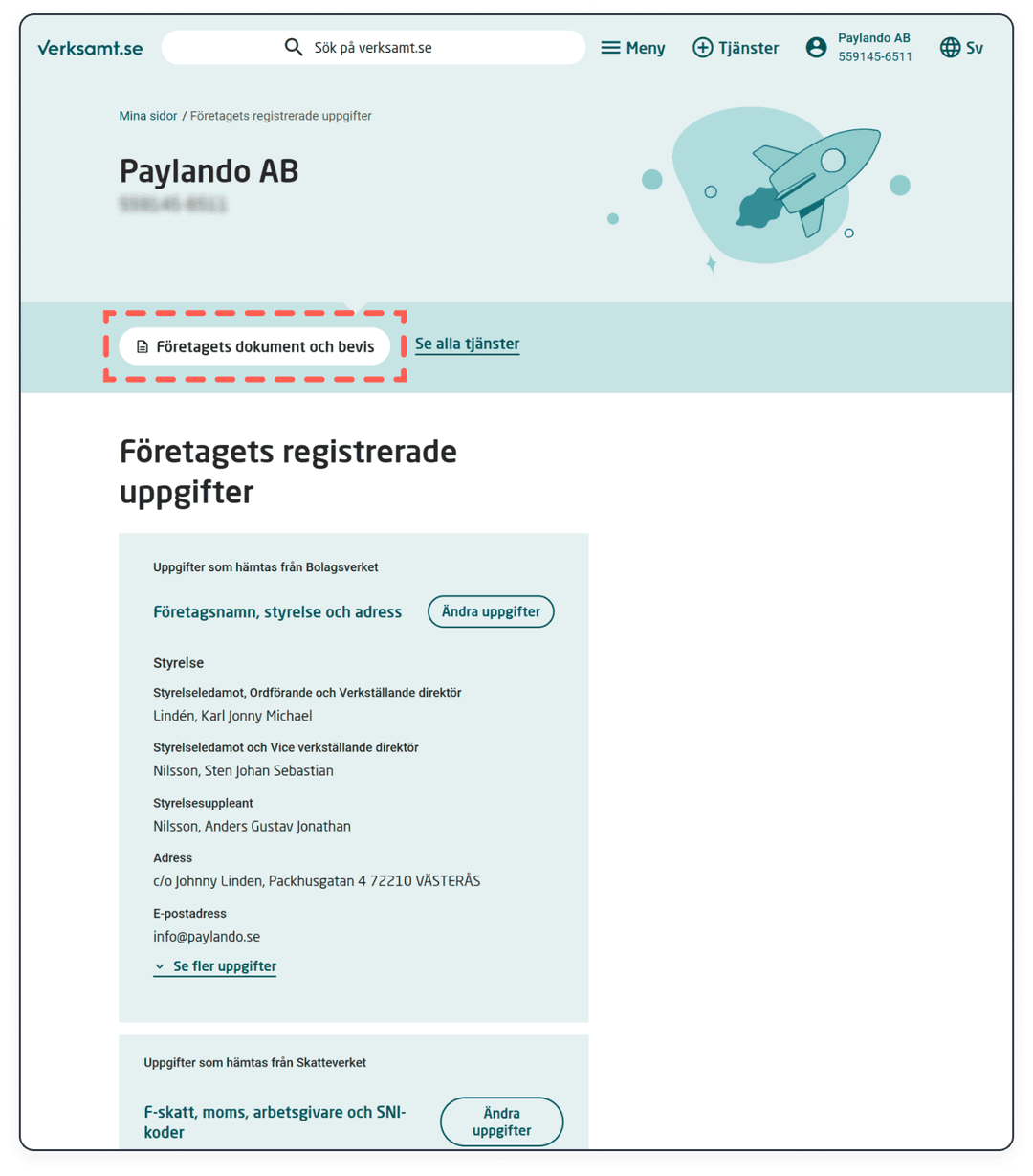 Välj "Företagets dokument och bevis"
